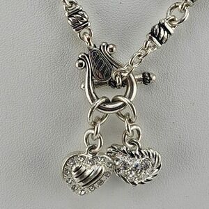 Silver Tone Toggle Necklace Heart Charms Rhinestone Pave‎ Designer Style
